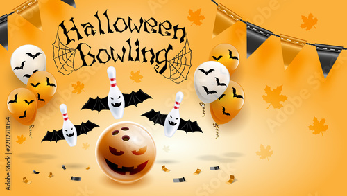 Happy Halloween Bowling Poster Design Vector Illustration Orange background.