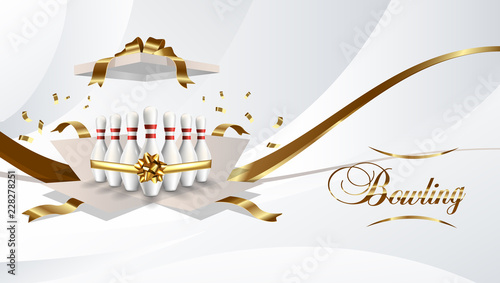 Bowling present open box with pins gold color ribbon on white background. Vector illustration.