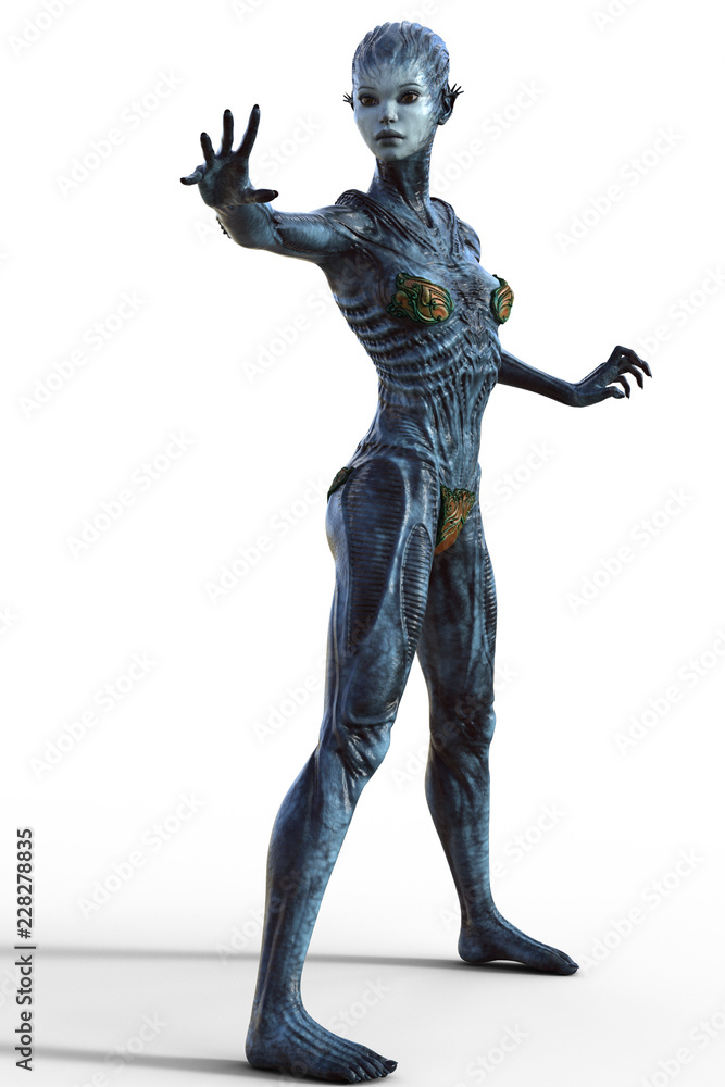 Female Alien creature in action pose isolated on white 3d render Female Alien creature in action pose isolated on white 3d render