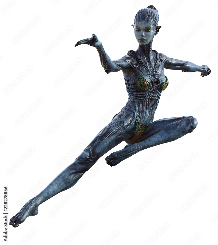Female Alien creature in action pose isolated on white 3d render Female Alien creature in action pose isolated on white 3d render