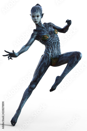 Canvas Print Female Alien creature in action pose isolated on white 3d render