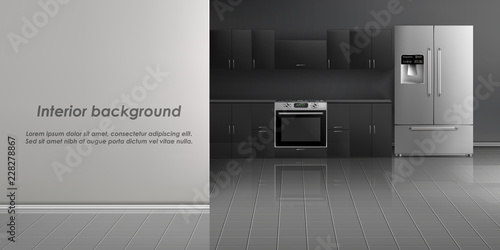 Vector realistic mockup of kitchen room interior with household appliances, refrigerator, build-in stove, black cabinets on gray wall and tiled floor. Minimalist modern design, concept background