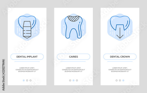 Diseases and Dental Treatment Banners. Dental Implant, Caries, Dental Crown Vector Vertical Cards. Concept For Web Graphics.