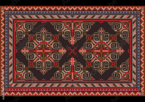 Variegated luxury vintage oriental carpet with red, blue, gray and brown shades on black background

