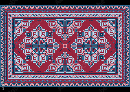 Variegated luxury vintage oriental carpet with claret and different shades of blue on black background


