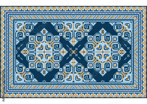 Variegated luxury vintage oriental carpet with yellow and different shades of blue on white background
