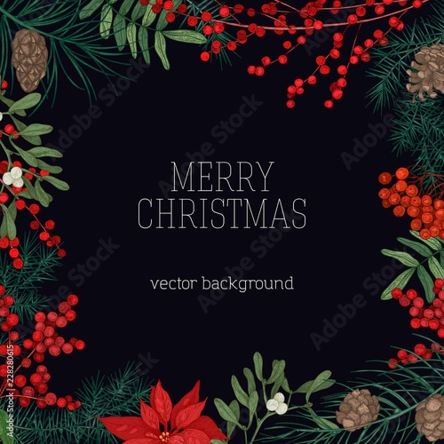 Square frame or border made of branches and cones of coniferous trees, poinsettia leaves, holly and mistletoe berries hand drawn on black background and Merry Christmas wish. Vector illustration.