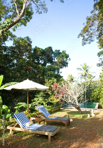 Tropical luxury resort, with pool, parasoll and sunbed, green nature, plants panorama, India Asian holiday photo
