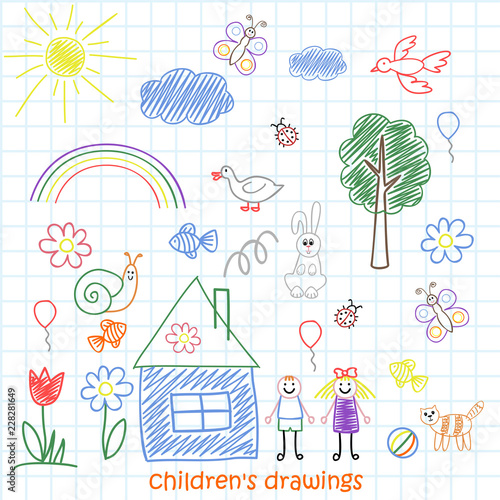 Collection of children's chalk drawings , school Board. Vector illustration.
