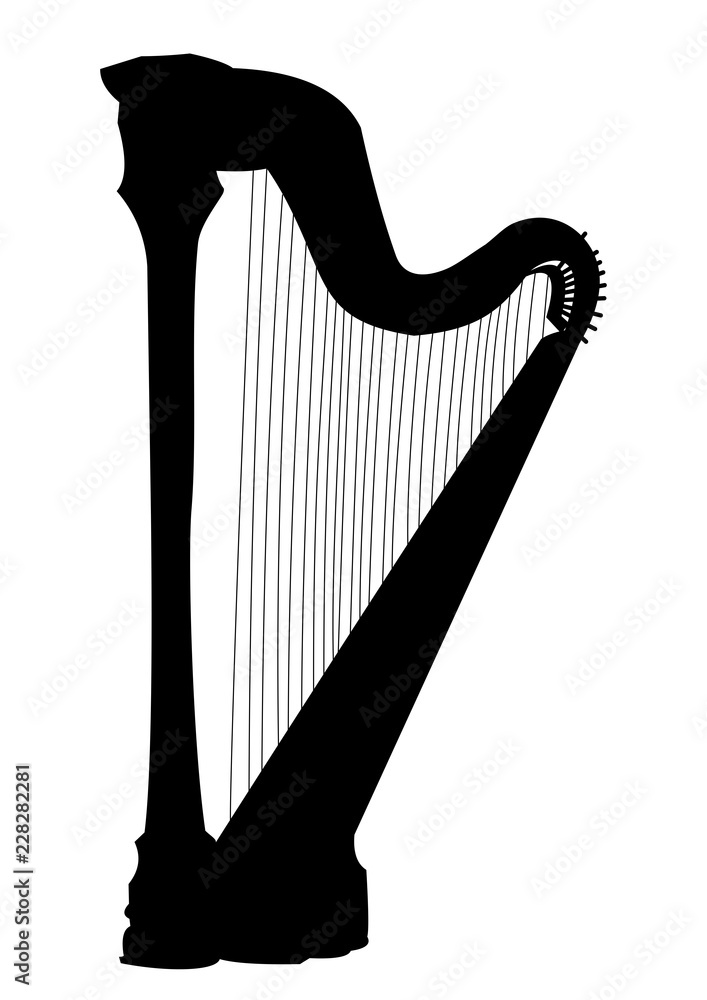 Harp isolated silhouette, musical intsrument black on white background, monochrome drawing design element, vector illustration
