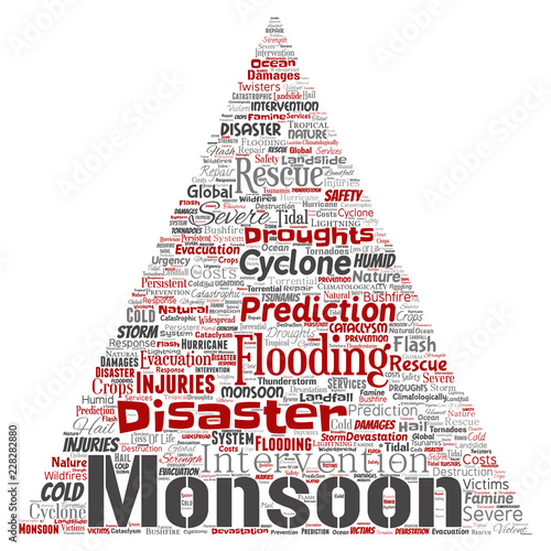Vector conceptual monsoon dangerous weather triangle arrow meteorology word cloud isolated background. Collage of tropical dramatic storm force, strong wind blowing, rain hail thunderstorm concept