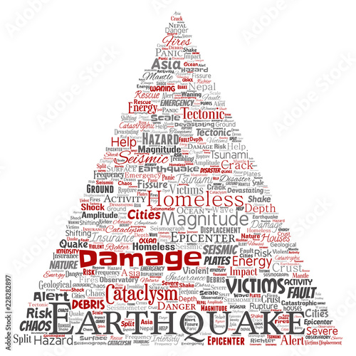 Vector conceptual earthquake activity triangle arrow word cloud isolated background. Collage of natural seismic tectonic crust tremble, violent tsunami waves risk, tectonic plates shifting concept