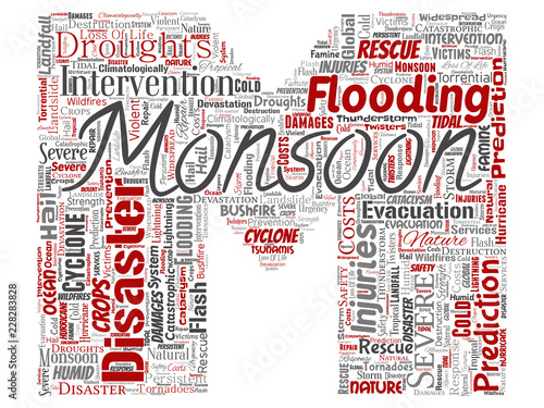 Vector conceptual monsoon dangerous weather letter font M red meteorology word cloud isolated background. Collage of tropical dramatic storm force, strong wind blowing, rain hail thunderstorm concept