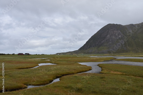 Norwegen, Nordland, Lofoten, Straße, Küste, Kvalnes, Sundklakkstraumen, Fuglvika, Skipleia, Sandøya, Bø, Høynes, Tundra, Høynesfjellet, Ufer, Mast photo