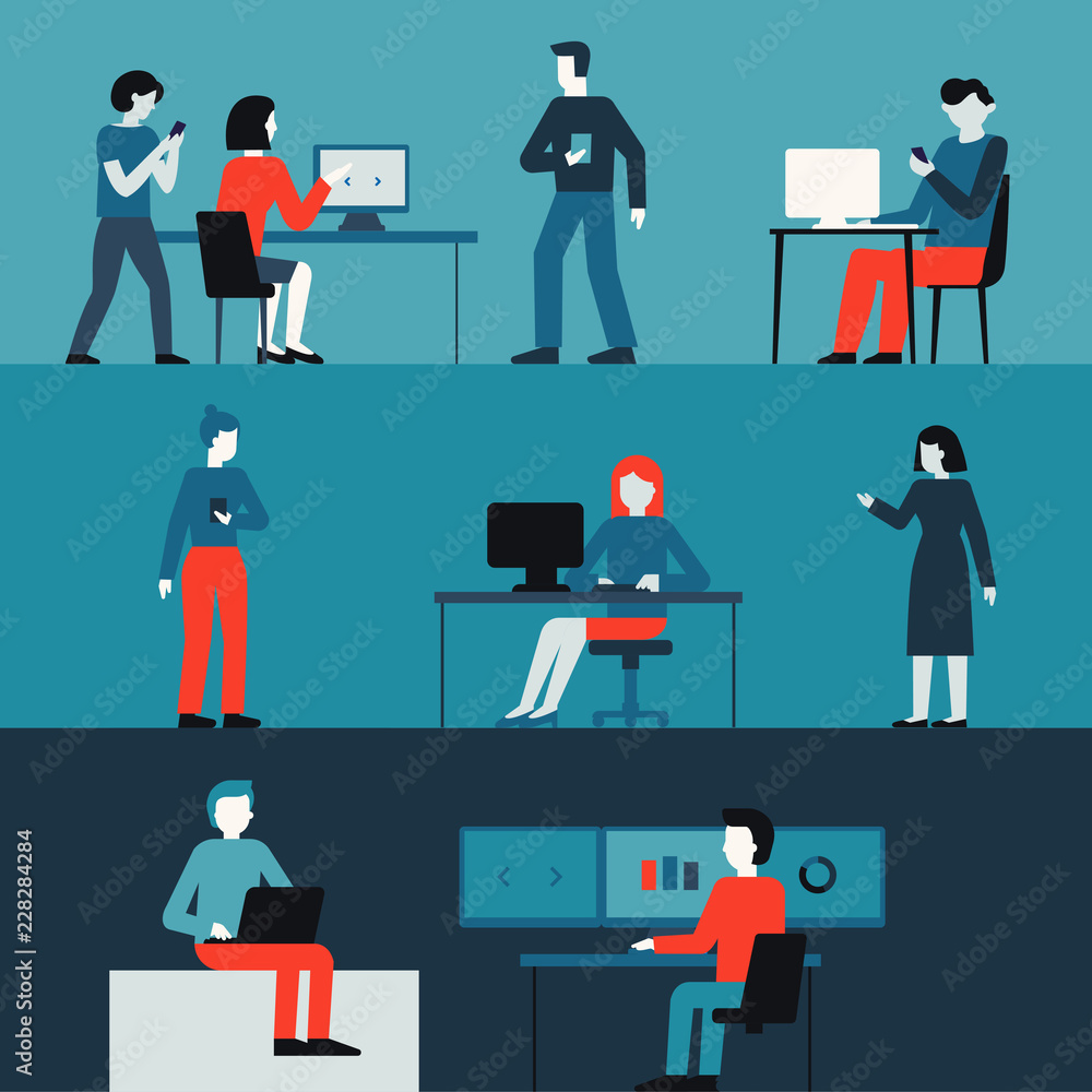 Vector illustration in flat simple style with small characters - app and software development concept Vector illustration in flat simple style with small characters - app and software development concept