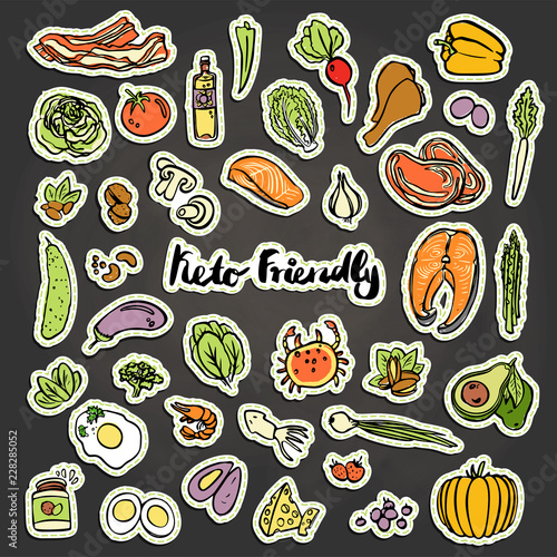 Keto-Friendly food vector stickers, sketch illustration. Healthy keto food - fats, proteins and carbs on one vector illustration. Low carbs ketogenic diet food isolated on white background. Cartoon