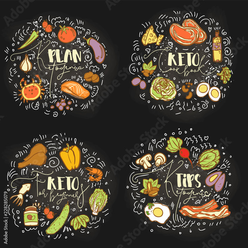 Ketogenic plan, Keto Cook Book, Keto for beginners, Ketogenic Tips - multicolored vector sketch illustration concept. Healthy keto food with texture and decorative elements in four circles - all
