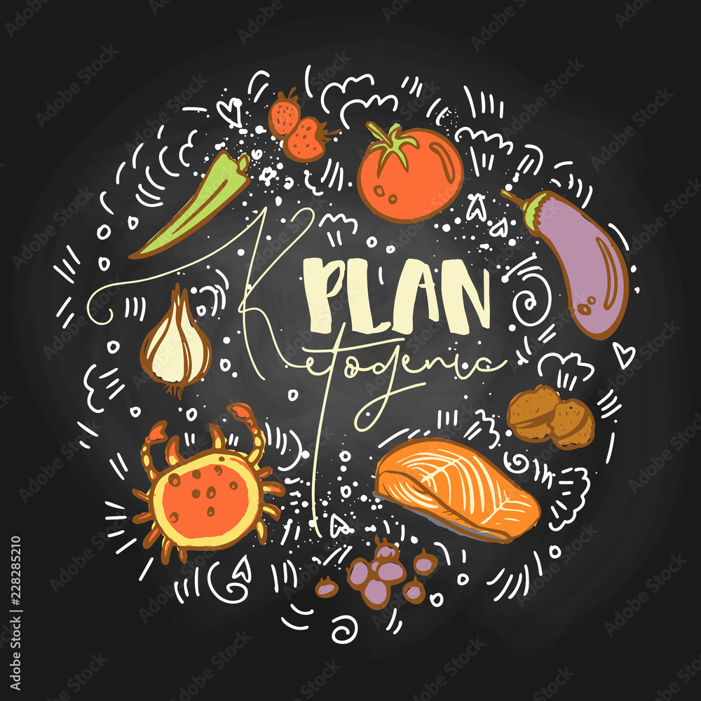 Ketogenic Plan Food sketch illustration - multy-colored vector sketch healthy concept. Healthy keto food plan with texture and decorative elements in a circle form - all nutrients, like fats, carbs