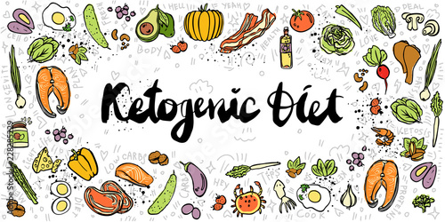 Ketogenic Diet vector sketch banner illustration. Healthy keto food with texture and decorative elements - fats, proteins and carbs on one Keto vector illustration. Low carbs ketogenic diet food