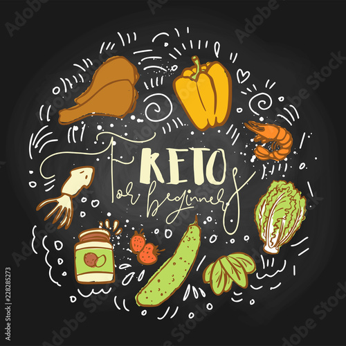 Keto for Beginners Food sketch illustration - multy-colored vector sketch healthy concept. Healthy keto food for beginners concept with texture and decorative elements in a circle form - all nutrients
