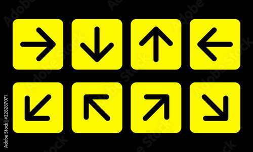 arrow direction sign set, yellow squares on black background