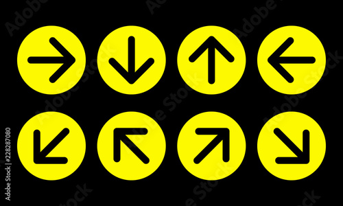 arrow direction sign set, yellow circles on black background