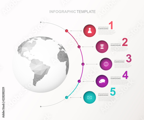 Infographic vector illustration template with five circles and icons line up beside polygonal map - light version.