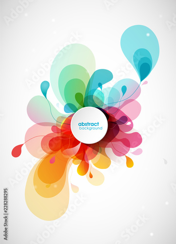 Abstract vector illustration with colorful half transparent flower petals. Also white circle for your own text.