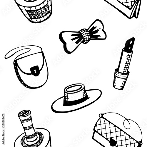 Fashion and shopping theme, seamless pattern. Cosmetics and accessories for woman and girls. Background. Vector illustration. 