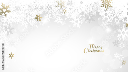 Christmas light vector background illustration with snowflakes and golden Merry Christmas text