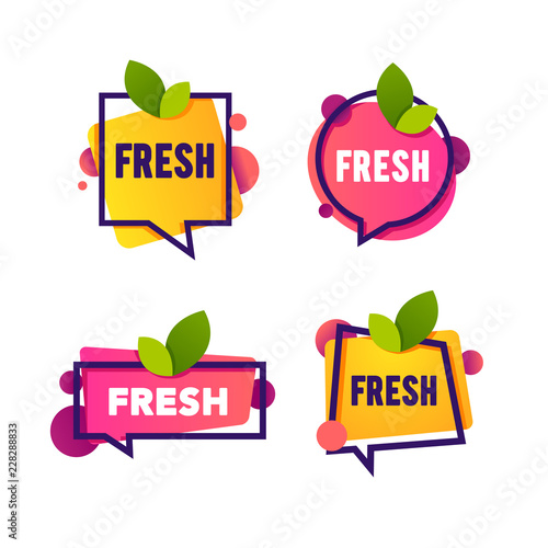 vector collection of bright and shine speech bubble stickers, emblems and banners with leaf and fresh word