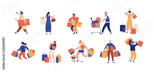 Collection of people carrying shopping bags with purchases. Men and women taking part in seasonal sale at store, shop, mall. Cartoon characters isolated on white background. Flat vector illustration.