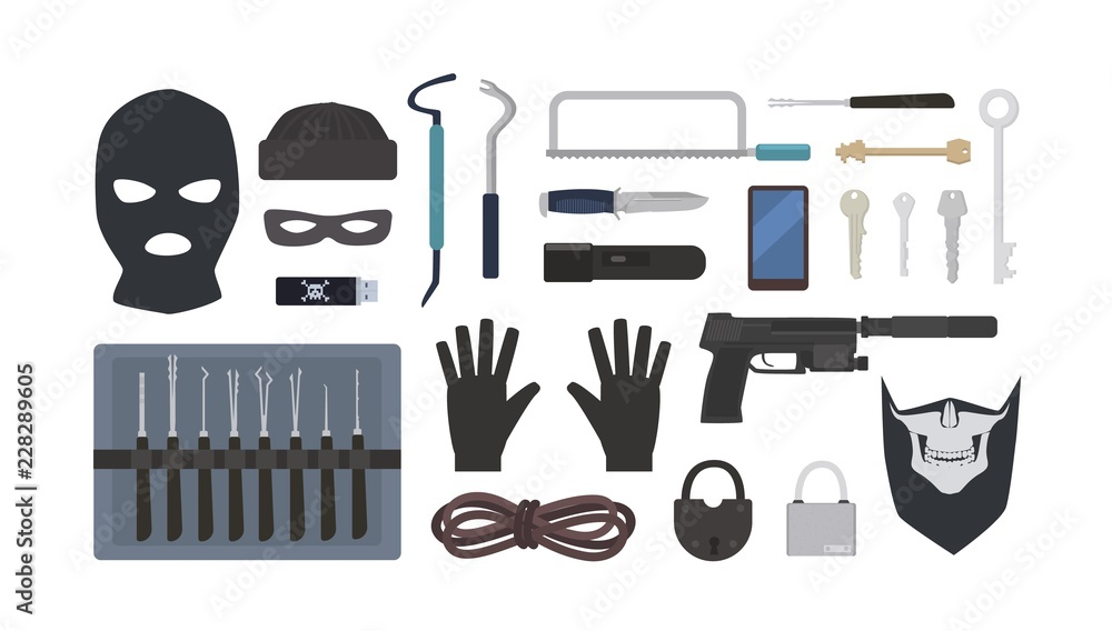 Φωτογραφία Collection of tools and equipment for theft, robbery, burglary, housebreaking - lock picks, padlocks, masks, rope, flashlight, gun, knife, saw isolated on white background