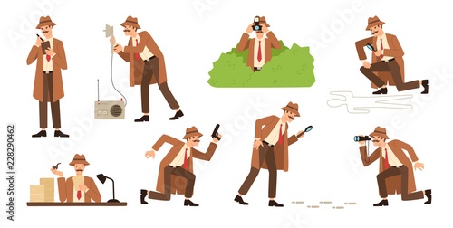 Bundle of detective with mustache looking through magnifying glass, sneaking, spying, solving crime, photographing. Male cartoon character isolated on white background. Flat vector illustration.