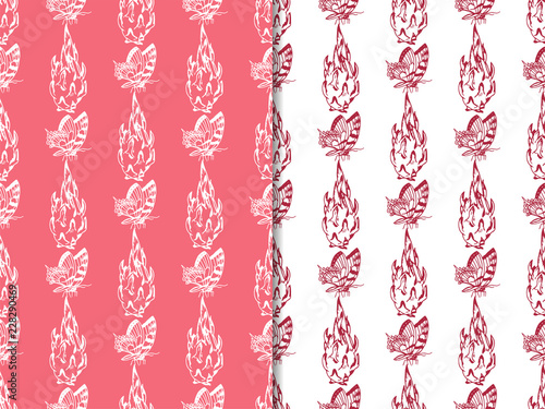 pitaya, pitahaya tropical fruit, butterfly seamless pattern