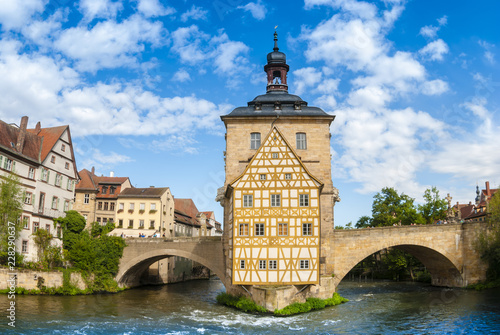 Old Town Hall on the river Regnitz Bamberg on a sunny summer day.