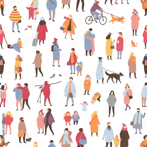 Seamless pattern with tiny people dressed in outerwear walking and performing outdoor activities. Backdrop with men and women wearing winter clothes on city street. Flat cartoon vector illustration.
