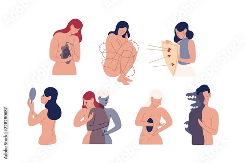 Collection of unhappy young men and women with mental disorders, psychiatric impairments, emotional problems isolated on white background. Colorful vector illustration in flat cartoon style.