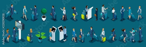 Isometric large set of international airport passengers, business ladies and businessmen on a business trip, passengers with luggage
