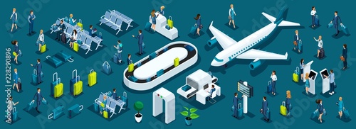 Isometric large set of passengers with airport symbols for illustrations, business ladies and businessmen with luggage front and back view