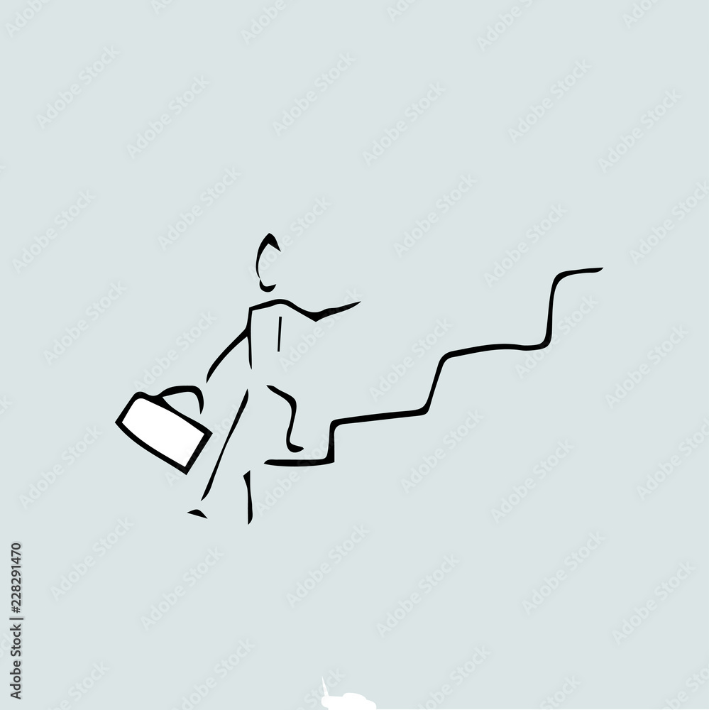 Beginning or career idea. Hand drawn. Man walking the stairs. Beginning or career idea. Hand drawn. Man walking the stairs.