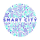 Smart city concept in circle with thin line icons: intelligent urbanism, efficient mobility, zero emission, electric transport, balanced traffic, CCTV. Vector illustration, print media template.