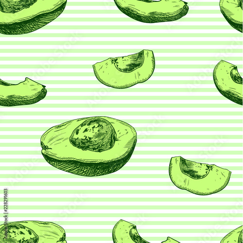 Vector Avocado Seamless Pattern, Colorful Striped Background.