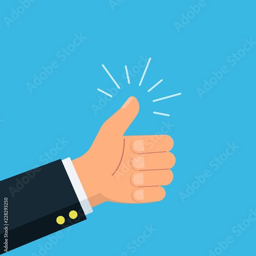 Close-up businessman hand show thumb up. Symbol like. Rating, success, feedback, review, quality concept. Vector illustration in flat style.