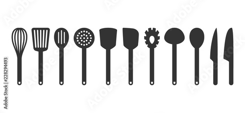 Cooking utensil set of tools. Kitchen tools black isolated vector icons. Slotted turner, spoon, knives, whisk, pasta server icons. photo