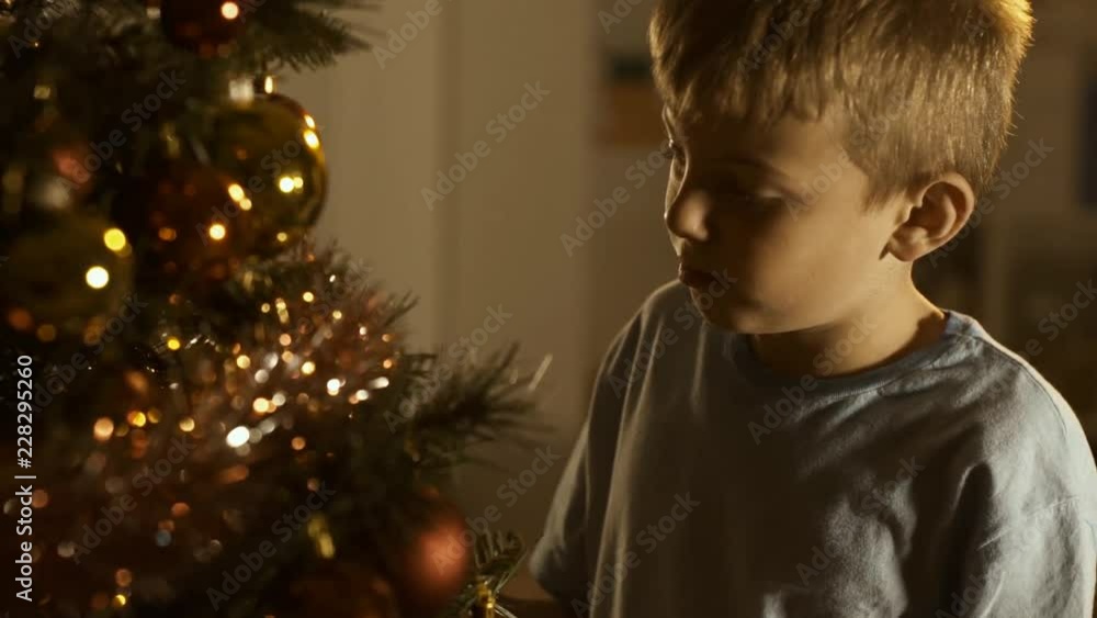 Cute happy boy decorating his Christmas tree Cute happy boy decorating his Christmas tree