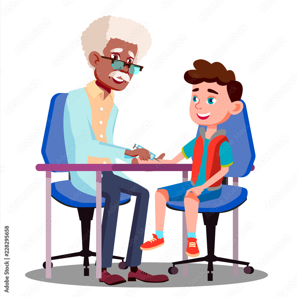 School Vaccination, Doctor Standing With Syringe Next To Group Of Children Vector. Isolated Illustration School Vaccination, Doctor Standing With Syringe Next To Group Of Children Vector. Isolated Illustration