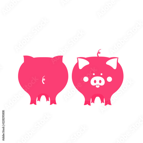 Cute pink pig front and back view. Symbol of 2019 Chinese New Year.