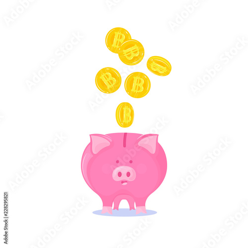 Pink piggy bank with falling gold bitcoins cryptocurrency