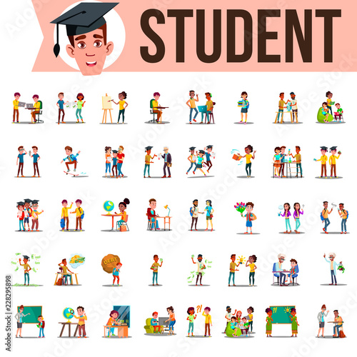 Student Set Vector. Lifestyle Situations. Spending Time  At College  University  Campus  School  Home  Outdoor. Isolated Cartoon Illustration